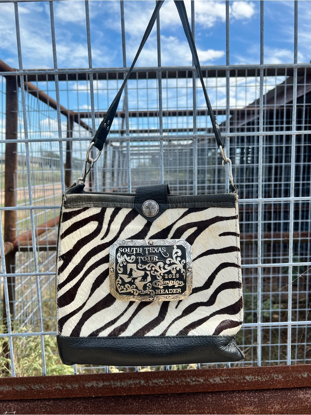 Zebra Print Shoulder Bag with Leather Trim - Black & White